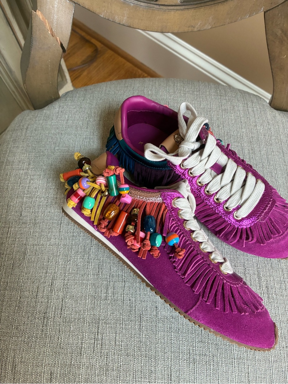 Kurt Geiger size 36 Women's Magenta Fringe Sneaker with Colorful Bead Accents